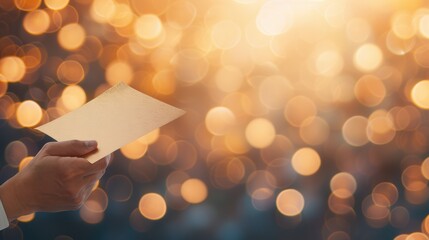 Hand holding golden invitation card with bokeh background  festive and elegant design