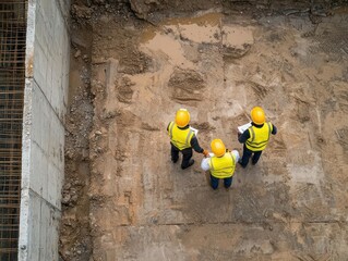 Construction site of a large commercial project, workers reviewing safety procedures, compliance, building progress