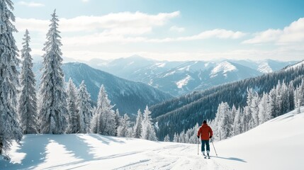 Winter adventure concept, skier enjoying while skiing, snowy mountains landscape in the background