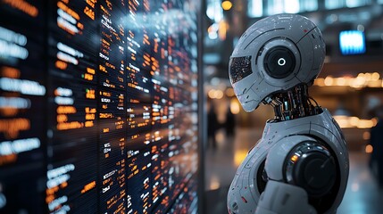 Fototapeta premium A robot carefully analyzes data on a sleek digital screen, its intelligence shining through.