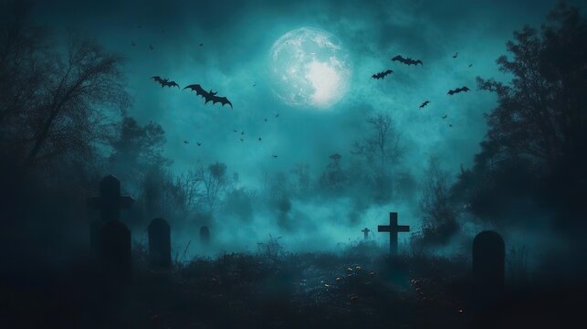 Spooky Halloween ghost floating dark night sky with bats glowing moon wallpaper