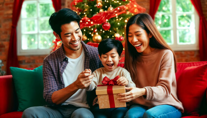 Obraz premium A joyful family gathers around a beautifully decorated Christmas tree, sharing the excitement of opening gifts while surrounded by warm holiday decor