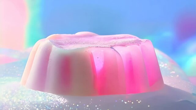 Close-Up of Bouncing Pink Jelly Dessert in Colorful Dreamy Background