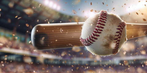 Blurred in motion of a bat hitting a ball during a baseball match at the stadium.