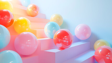 3D render of a colorful and pastel balls in studio shot rolling down in stairs