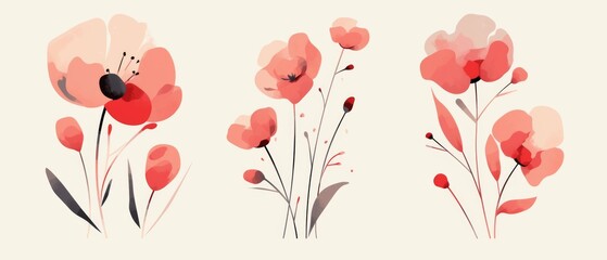 Abstract Floral Art Featuring Pink and Red Flowers on a White Background. Minimalist Vector Illustration with Simple Lines and Shapes, Presented as a Triptych.