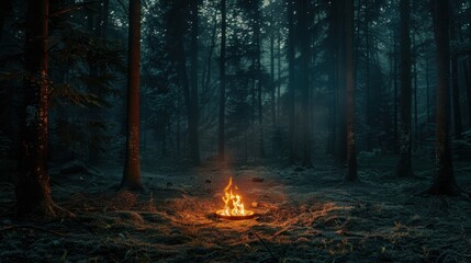 Naklejka premium Campfire burning in dark forest at night mystical wilderness, nature, tranquility, adventure, camping