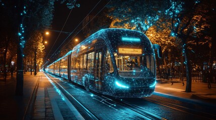 Futuristic AI-driven eco-friendly public transportation: Electric buses and trains managed by AI to optimize routes, energy consumption, and passenger comfort.