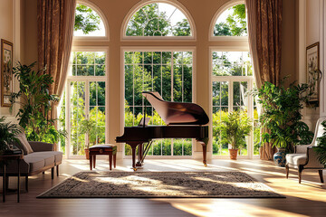 A serene lounge featuring grand piano and beautiful garden view