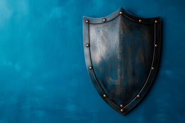 metal shield on dark blue background, protection concept