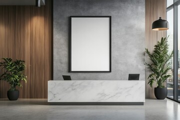 corporate branding identity logo display white blank frame mockup with modern business offices reception background as banner with generative ai