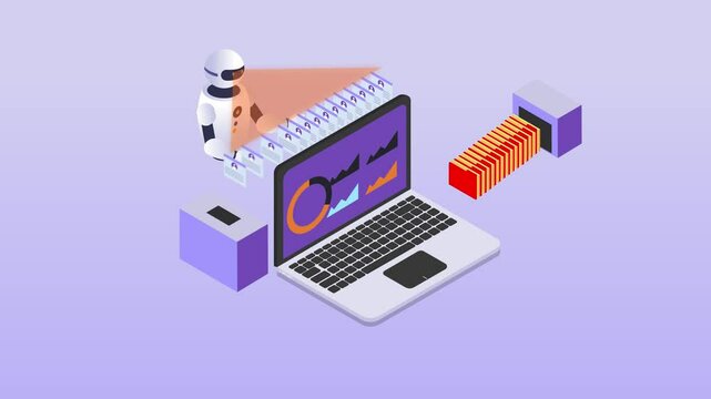 Robot analyzes the database of employees or personnel isometric 3d animation cartoon