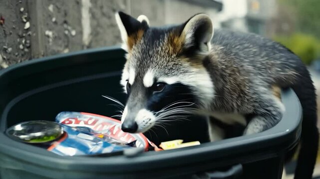 A striped raccoon is digging in a trash can in search of food.