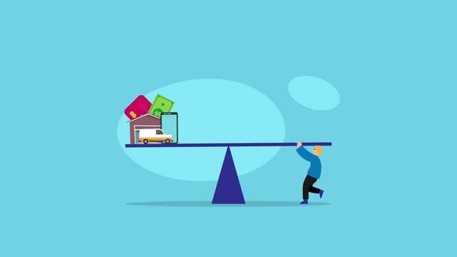 Man with debt problems on seesaw cartoon animation