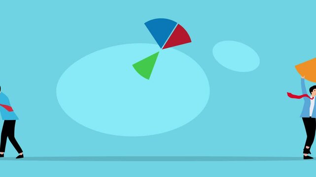 Market share. The percentage of the total revenue or sales. Businessman steals market share cartoon animation