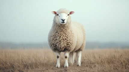 Fototapeta premium Majestic Sheep In Misty Field: A Tranquil Early Morning Scene With Soft Natural Colors
