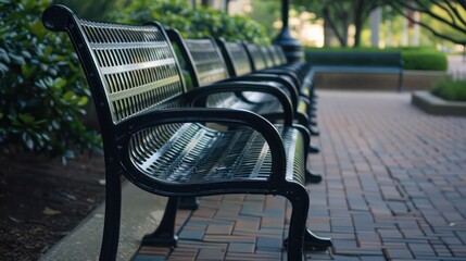 A row of black metal benches in a park setting, inviting relaxation and social interaction among visitors.