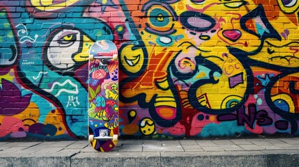 Obraz premium Vibrant skateboard in front of colorful graffiti wall in urban setting