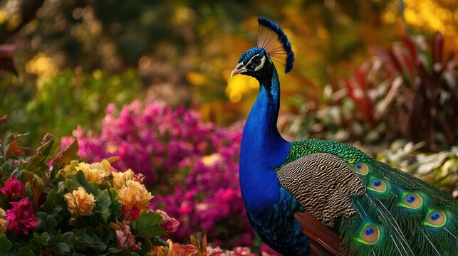 A peacock standing in front of a richly colored garden, with flowers and plants framing its striking form.