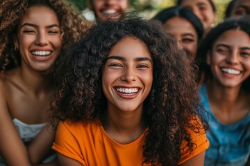 Fototapeta premium A group of diverse young adults laughing together in a city park, showcasing different ethnic backgrounds and casual clothing