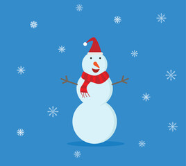 Happy Snowman with a Scarf in Falling Snow. Winter season and holidays concept vector