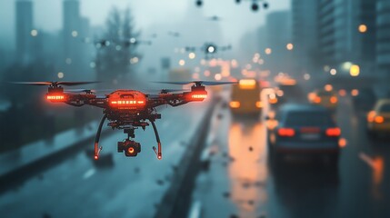 Futuristic AI-driven emergency response networks coordinating drones and vehicles during disasters