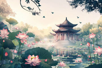 Obraz premium A serene illustration of temple surrounded by lotus flowers and lush greenery