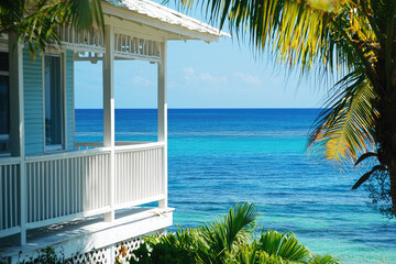 A serene view of beach house with porch overlooking ocean