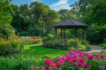Obraz premium A serene view of botanical garden with colorful flowers and gazebo
