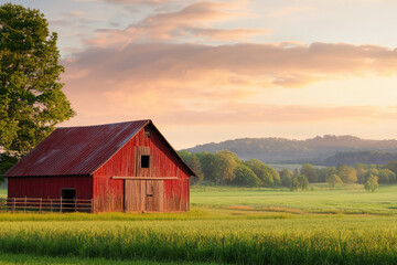 Obraz premium A serene view of rustic barn in picturesque countryside landscape