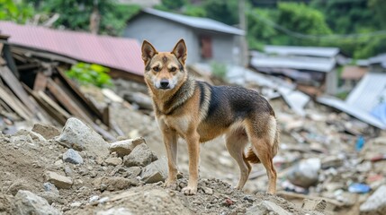 A brave search and rescue dog carefully search through earthquake debris and ruins to find injured or missing people, showcasing loyalty, training, life-saving efforts in disaster relief operations