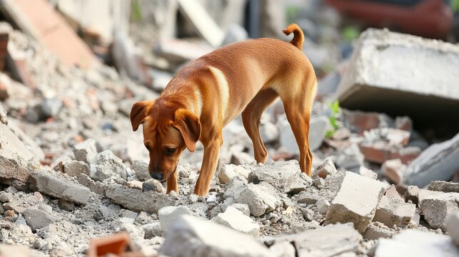 A brave search and rescue dog carefully search through earthquake debris and ruins to find injured or missing people, showcasing loyalty, training, life-saving efforts in disaster relief operations