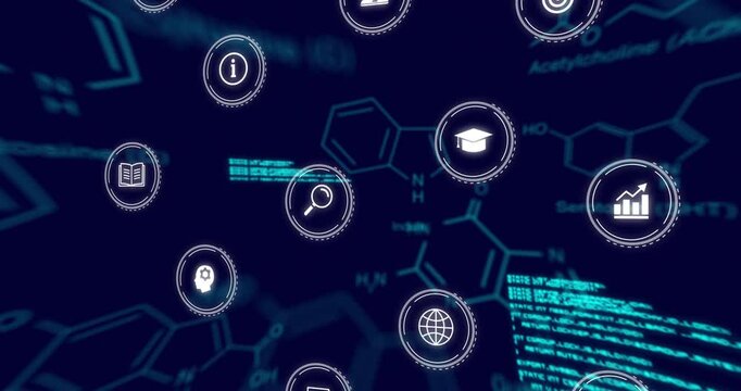 Animation of chemical formula and data processing over media icons