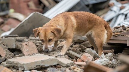 A brave search and rescue dog carefully search through earthquake debris and ruins to find injured or missing people, showcasing loyalty, training, life-saving efforts in disaster relief operations
