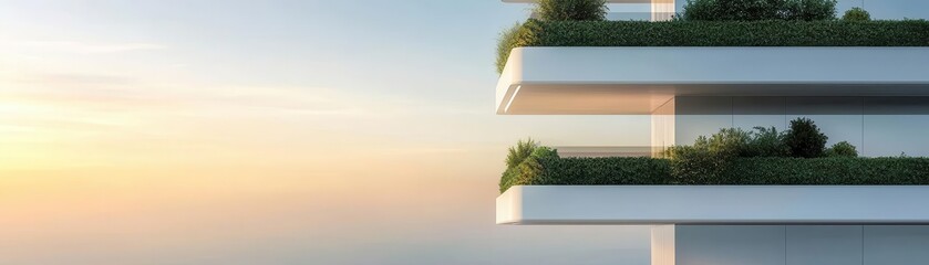 Futuristic residential building with green terraces and sustainable materials, modern living, ecofriendly design