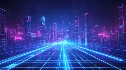 Futuristic cityscape with neon lights and grids.