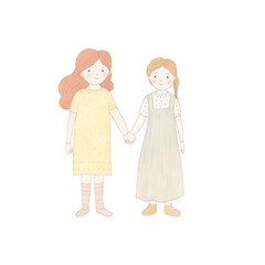 Sister holding hand with her younger sister drawing sketch white background.