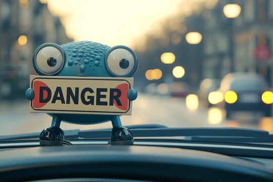 A cute 3d car dashboard cartoon figure holding a sign with the text "DANGER" on a car dashboard