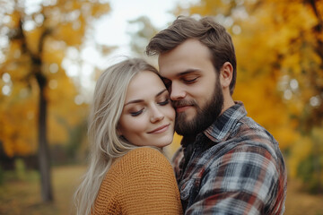 Fototapeta premium Amazing wonderful autumn season, people admiring golden fall colors outdoors, Generative AI