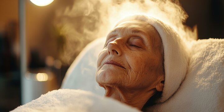 Elderly woman receiving facial steam treatment.