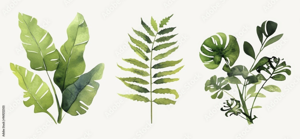 Wall mural Abstract Green Leaf Wall Art Print Set of Three, Featuring Simple Line Drawings on a White Background.