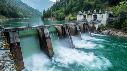 Hydroelectric Dam with Waterfall and Mountain Landscape