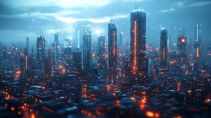 Fototapeta premium Futuristic AI-driven energy grids for urban sustainability: A city where AI controls and optimizes the energy flow between homes, businesses, and power plants to maximize efficiency.