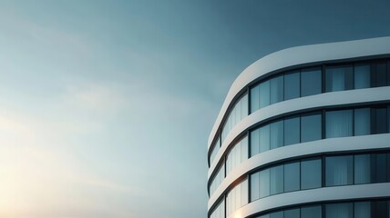 A modern architectural masterpiece with curved glass panels, creative design, building innovation