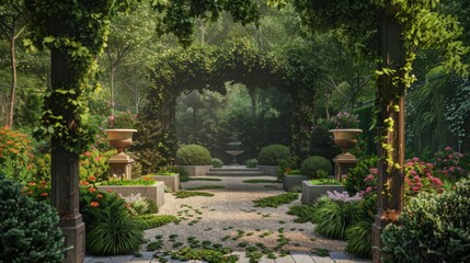 Stone Path through Lush Green Garden with Flower Beds and Urns
