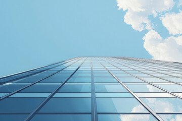 Fototapeta premium Modern skyscraper reaching towards sky, showcasing glass reflections and clouds
