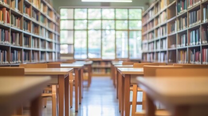 A blurry view of a classroom and library interior, offering a perfect educational backdrop for academic and resource business concepts.