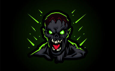 Green glowing zombie head illustration with dark background
