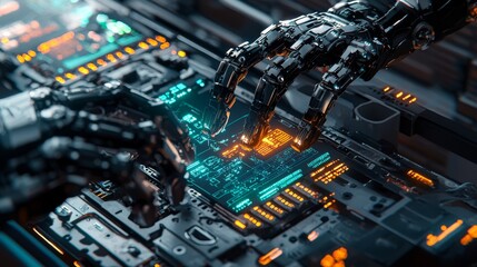 A close-up of robotic hands assembling electronics with digital data projections showing progress