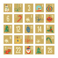 Advent calendar cut out of colored paper children's crafts. New Year and Christmas. Vector stock illustration.